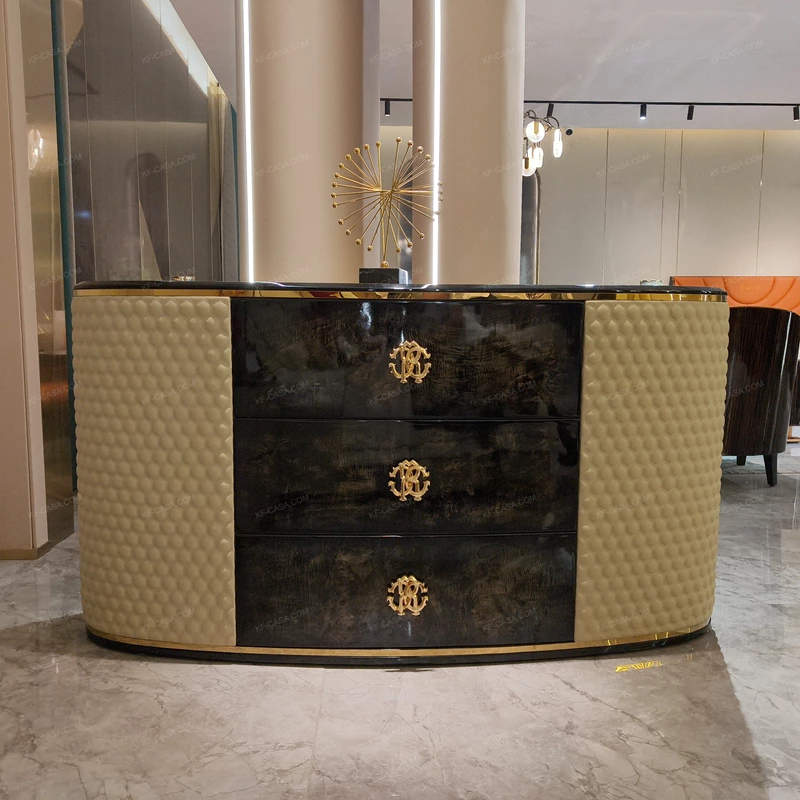 Curved Black and Cream Sideboard Cabinet with Three Central Drawers Textured Side Panels Gold Monogram Pulls and Rounded Profile